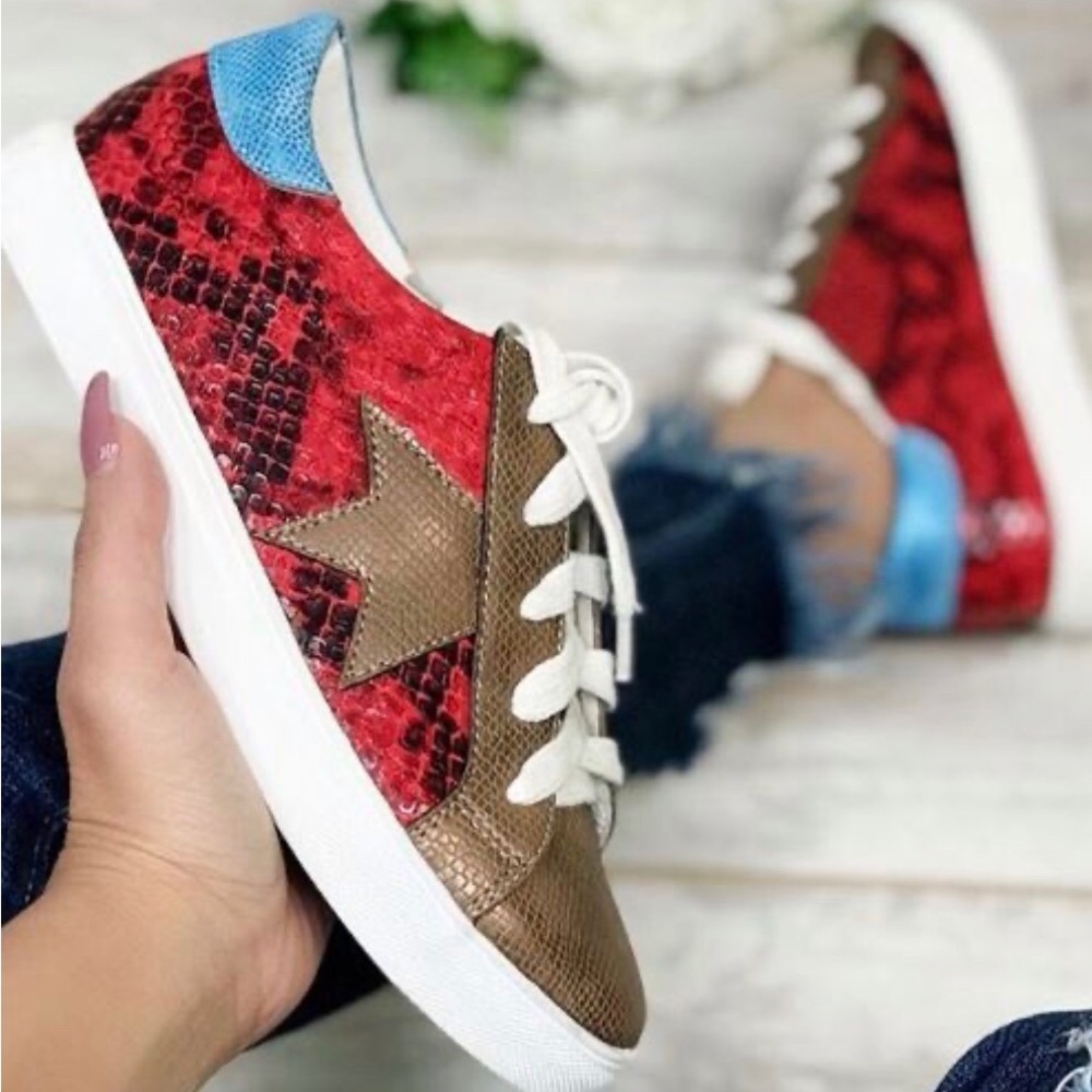 Red snake print sneakers